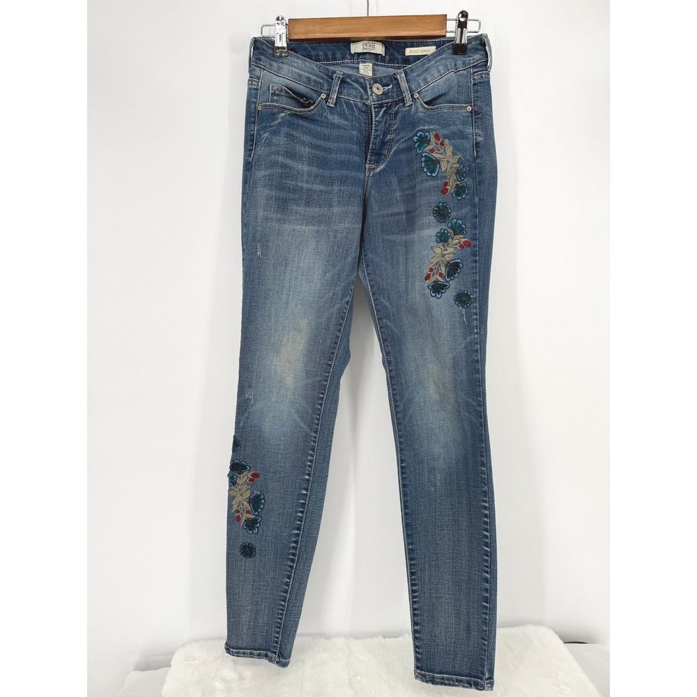 Vintage America Blues Boho Skinny Jeans Womens‎ 2R 26 Floral Embroidered Denim